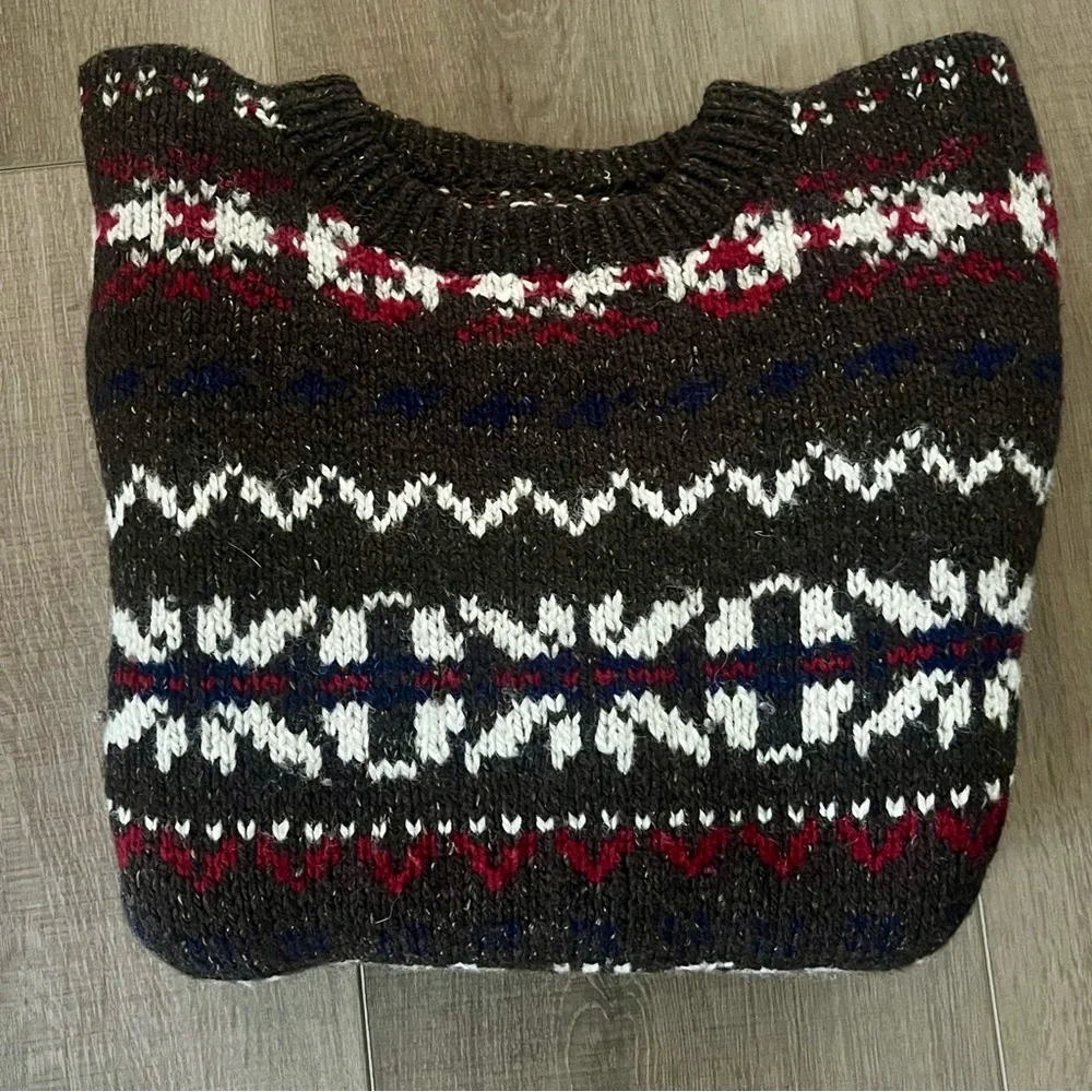 Vintage Wool Sweater Brown/Red Men Medium Fair Isle Nordic Thick Knit Snowflakes